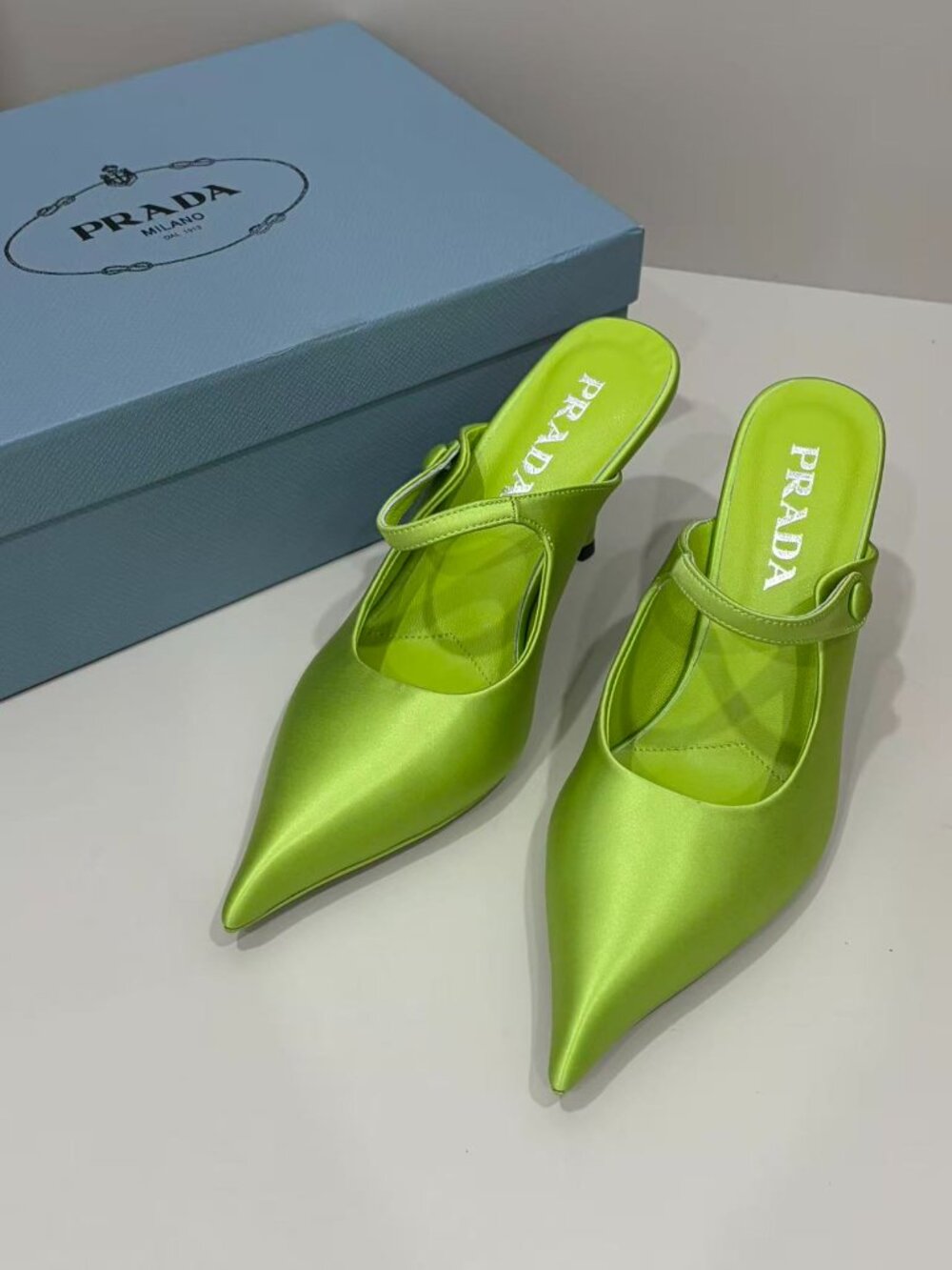 Prada Lime Green Satin Pointed Toe Slingback Stiletto Heels